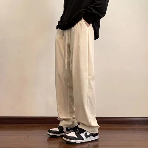 Men's Fall/Winter Corduroy Casual Pants Korean Style Loose Straight Leg Versatile Long Pants Hong Kong Style Sheer Elastic Waist Pants