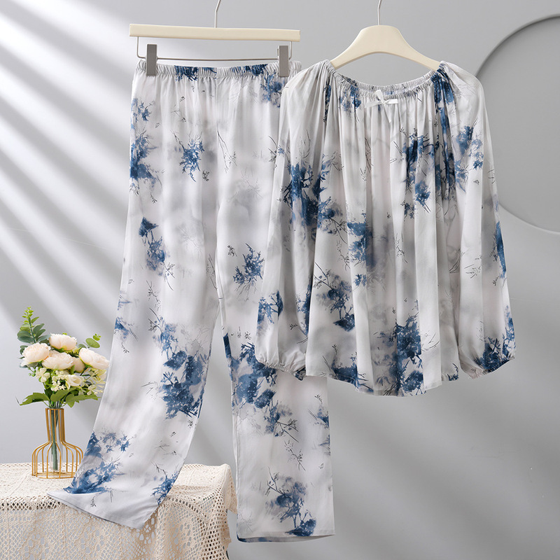 New Chinese-Style National Style Cotton Silk Pajamas for Women, Summer Mosquito-Proof Long-Sleeved Loose-Fitting Spring and Autumn Sweet Home Wear Set That Can Be Worn Outside