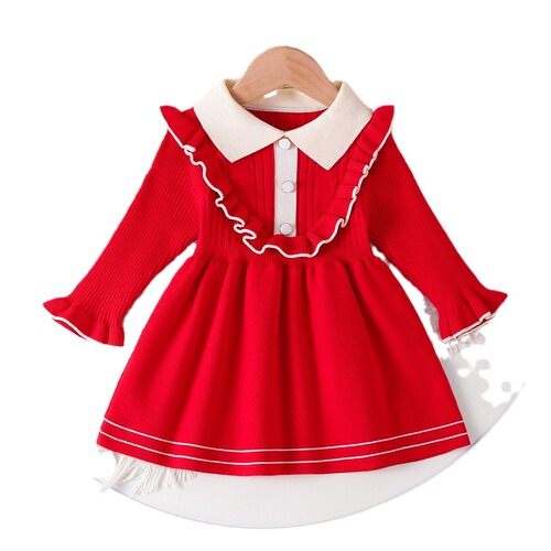 INS Bestselling Children's Knit Long Dress for Girls, Spring, Autumn, and Winter, Collar Knit Dress with Long Sleeves, Princess Dress, One-Piece Long Dress