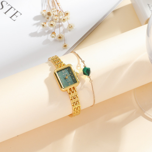 New style light luxury ladies trendy small square plate emerald quartz watch set 5pcs/set