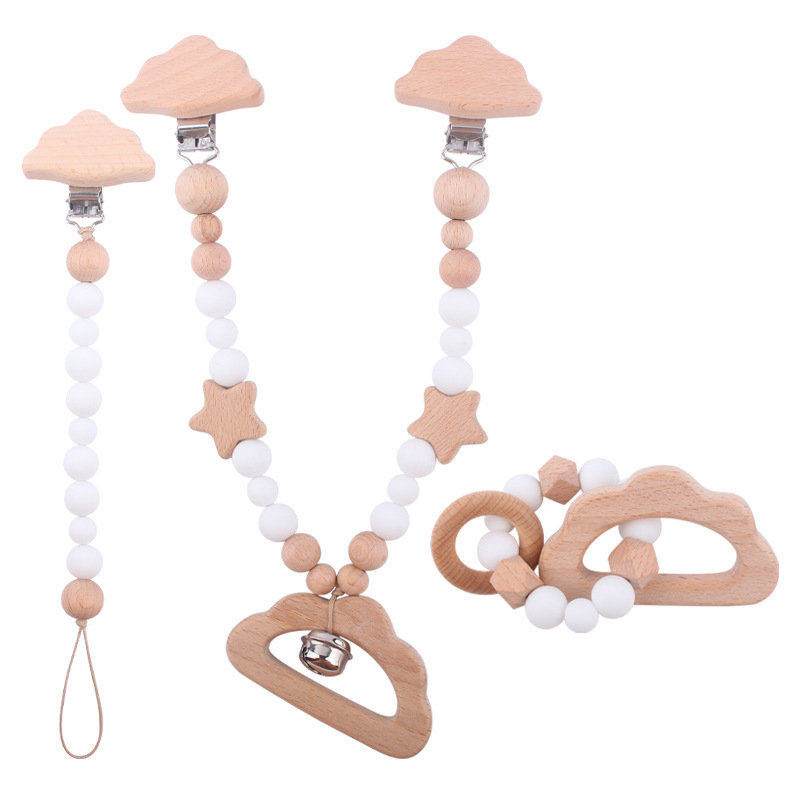 Nuevo bebé de dibujos animados de haya animal chupete clip calmante bebé mordida chupete cadena coche colgando mordedor conjunto de tres piezas