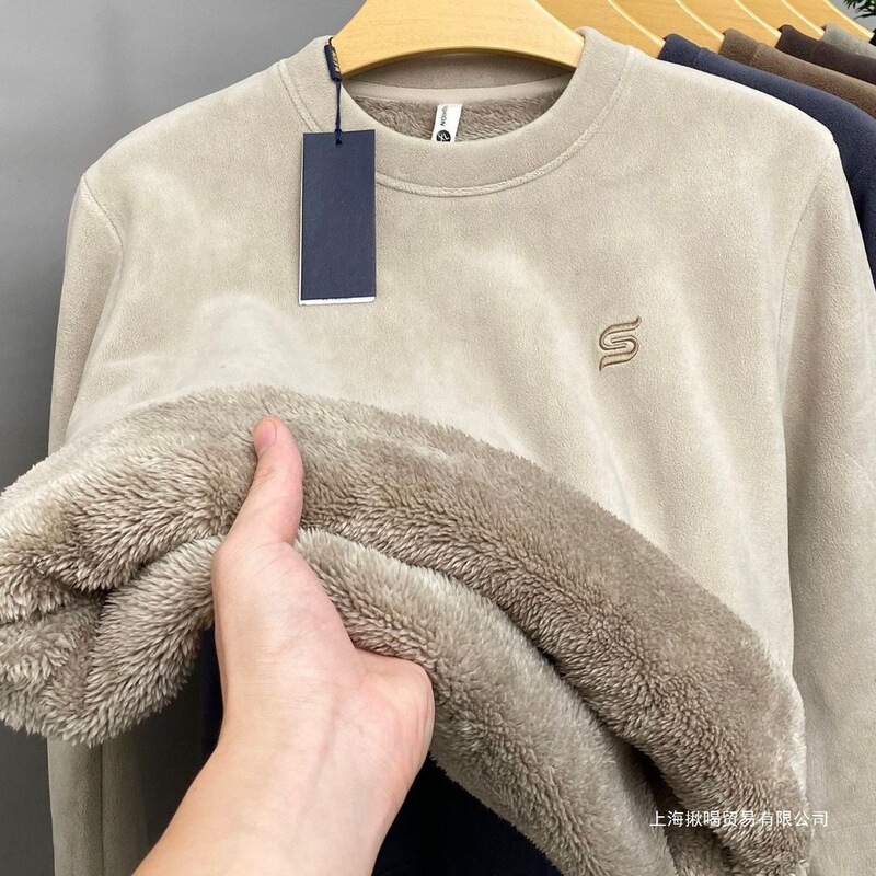 Winter Round-Neck Fleece Sweatshirt for Men, New Style, Thickened and Warm, Fleece-Lined Pullover Top