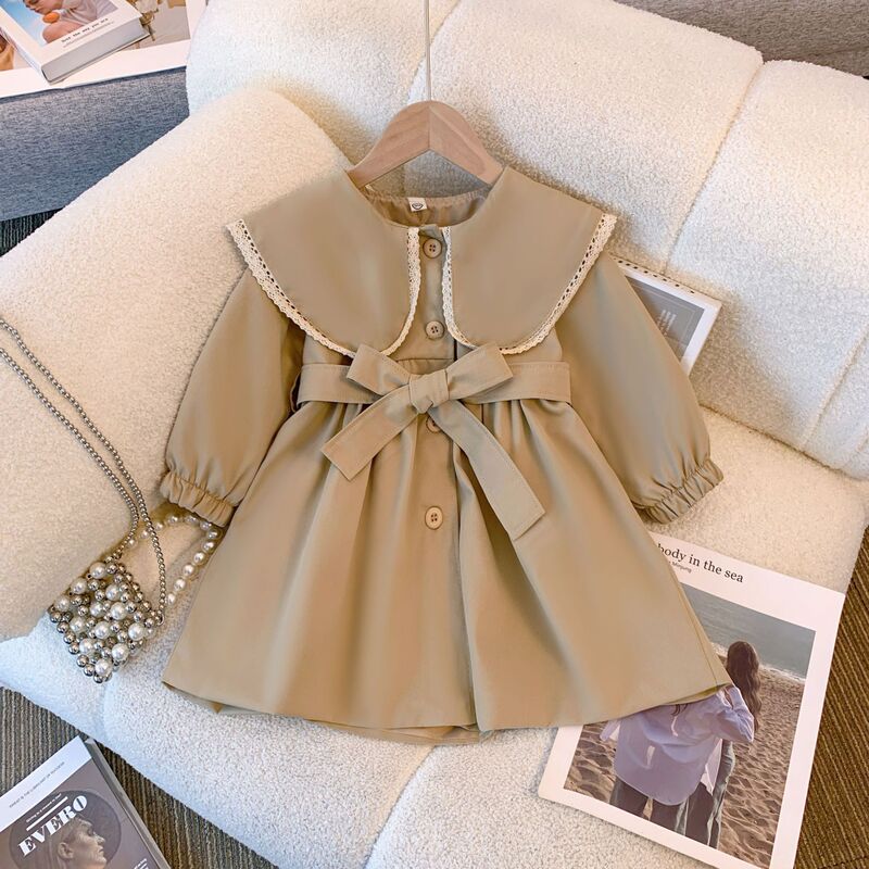 Girls' Long-sleeved Jacket Autumn New Korean Style Baby Girls' Solid Color Lace Top Girls' Waist Jacket Coat