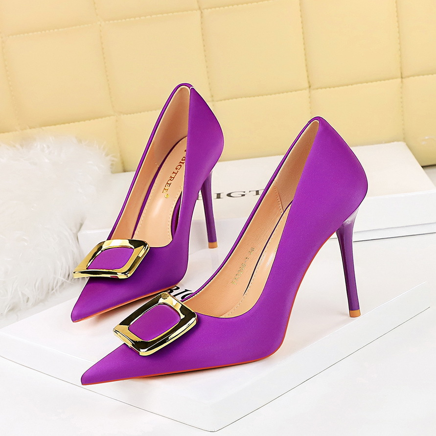 3265-K7 European And American Style Party Fashion Heels Stiletto Shallow Mouth Pointed Toe Sexy Slimming Metal Buckle_vogvips.com
