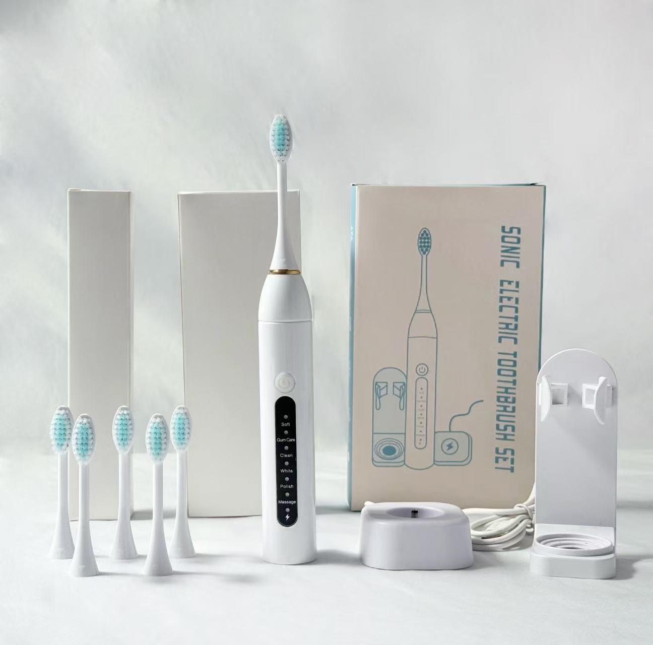 S9 화이트 본체 + 칫솔모 6개 + 충전 거치대 + 벽걸이 (컬러 박스 포장)
