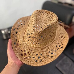 新型手織り麦わら帽子透かし彫り春夏通気性男性女性カップル帽子日焼け止め西部カウボーイ帽