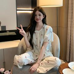 【綿100% 】綿パジャマ夏半袖長ズボン韓国系少女インスタ風ホームウェア柔らかい肌薄い