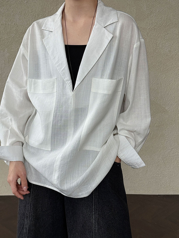鹿西  极简设计感V领宽松衬衫女早秋新款通勤时髦上衣3672|undefined