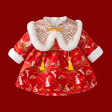 女童拜年服裙子秋冬加绒加厚中国风连衣裙女宝宝冬装棉服过年衣服