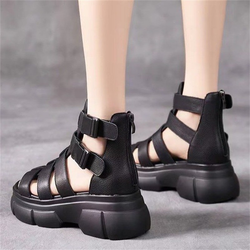 Sandalias retro de cuero suave para mujeres 2023 verano nueva plataforma hueca cuña todo partido sandalias romanas de tacón alto