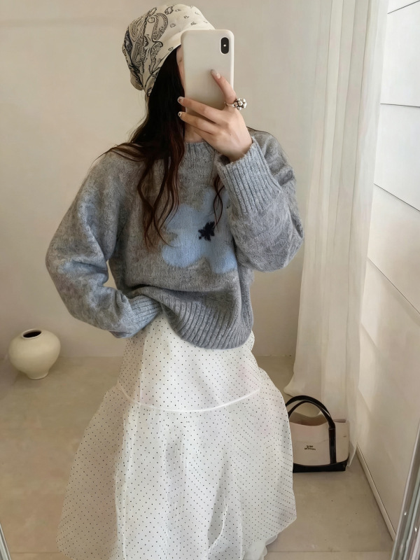 韩系花朵提花圆领毛衣套头女2025秋冬新款宽松设计感针织衫上衣潮|undefined