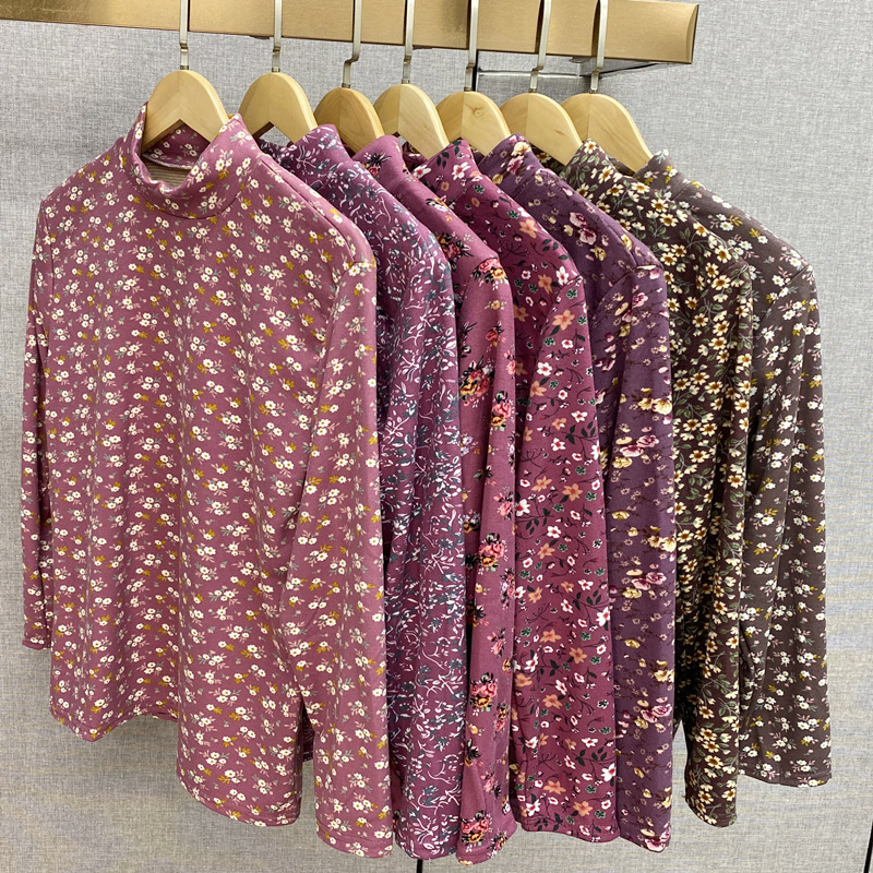 Autumn and Winter German Velvet Bottoming Shirt Mother's Long-Sleeved T-Shirt Middle-Aged and Elderly Women's Half Turtleneck Floral Top Street Stall Collection Autumn and Winter German Velvet Bottoming Shirt Mother's Long-Sleeved T-Shirt Middle-Aged and Elderly Women's Half Turtleneck Floral Top Street Stall Collection
