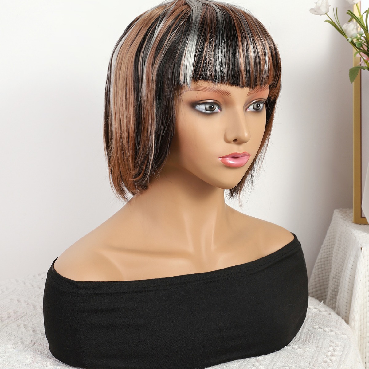 Nuevo estilo transfronterizo marrón degradado largo recto 12inch sin encaje cabello lacio europeo y americano peluca brasileña