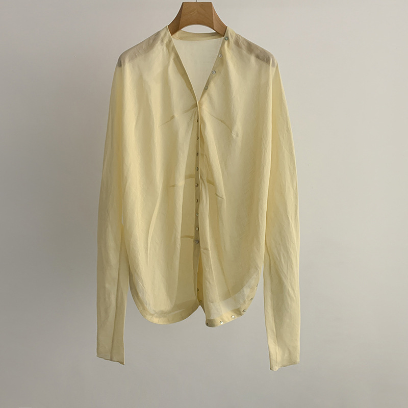 Light and Flowy Soft Ramie Button-Down Mid-Length Shirt, Elegant and Airy Loose-Fitting Ultra-Long Sleeve Top