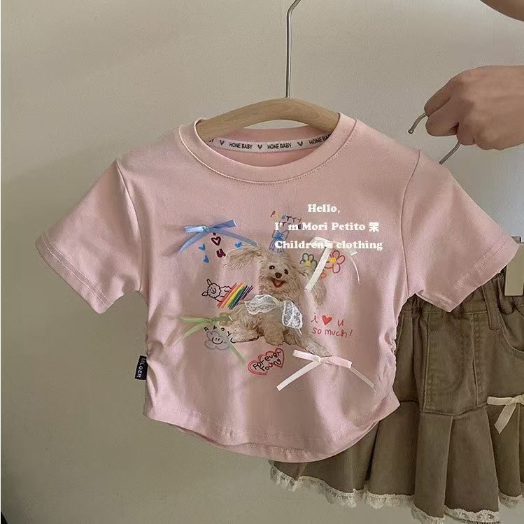 女の子 2025 夏新作かわいい子犬半袖 T シャツ + リボンプリーツスカート 2 点セット|undefined