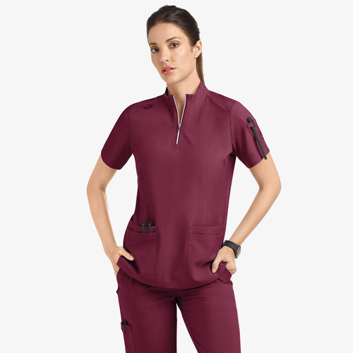 Women's Summer Short Sleeve Surgical Scrub Top with Stand Collar Zipper Casual Uniform for Beauty Salon Hospital Nurse Internal Workwear