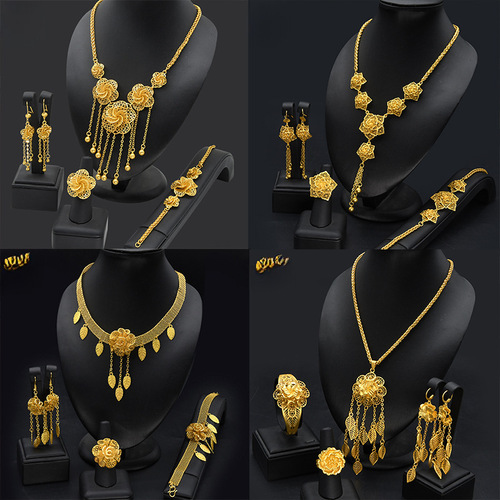  Dubai 24k Gold Plated Flower Hollow Jewelry Set Necklace Earrings Bracelet Ring Middle Eastern Dubai Accessories