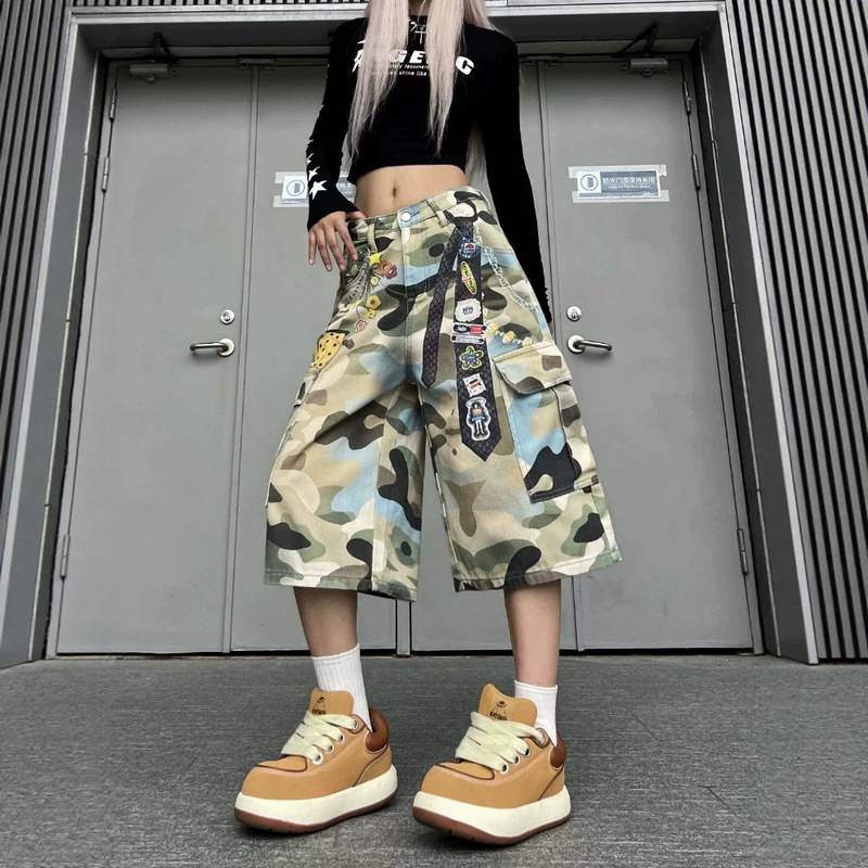 Sweet and Cool American-Style Camouflage Print Cropped Denim Pants for Women, Summer High Street Loose Wide-Leg Workwear Mid-Length Pants Trendy