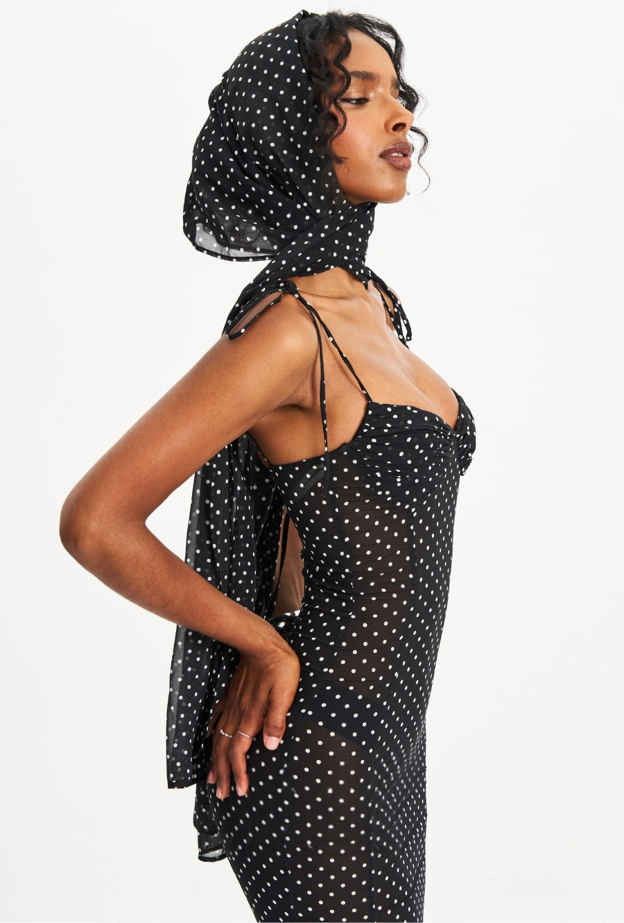 Women Elegant Spaghetti Strap Polka Dot Print Backless Dress Stylish Scarf Decor Slimming Party Vacation Dress_ecoleips.com