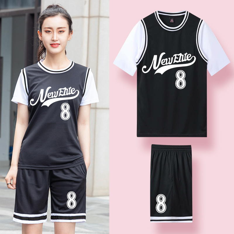 Basketball Clothes suit Women's Summer Fake Two-Piece T-Shirt Student Training Competition Team Clothes Sportswear Jersey