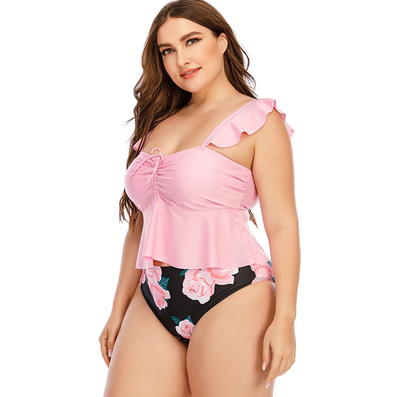 plus size print sling ruffle lace-up high waist Tankini two-piece set NSJHD124953