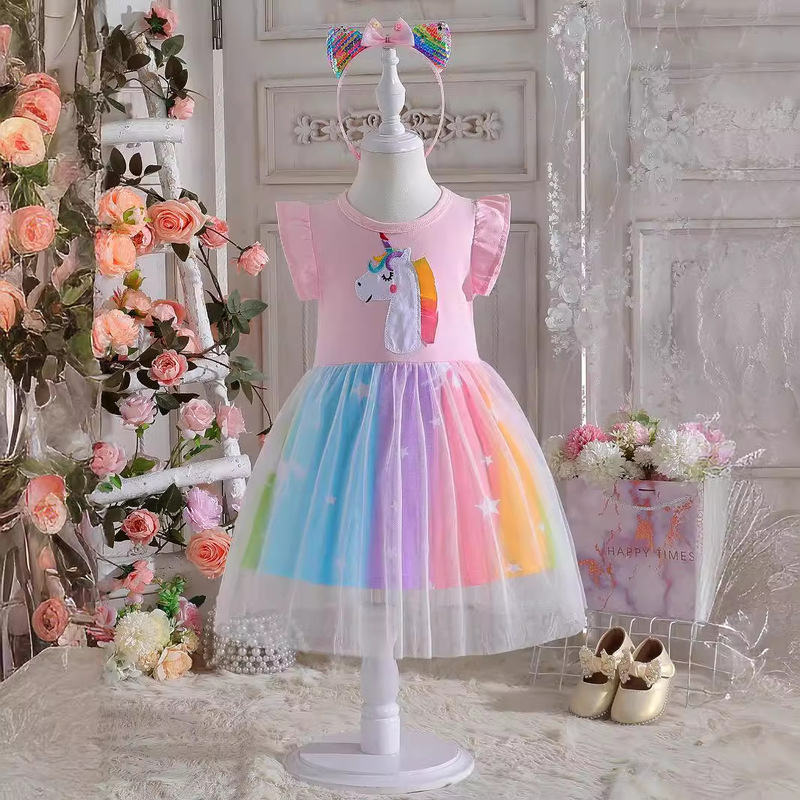 Girls Summer dress Cotton Cute Unicorn Baby Short Sleeve Stitching Rainbow Dream Mesh Princess Trendy Skirt