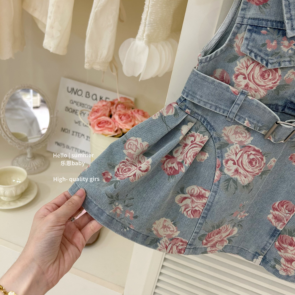 [Ropa para niños Le En] Vestido de mezclilla delgado con solapa sin mangas de verano para niñas de alta calidad con estampado completo