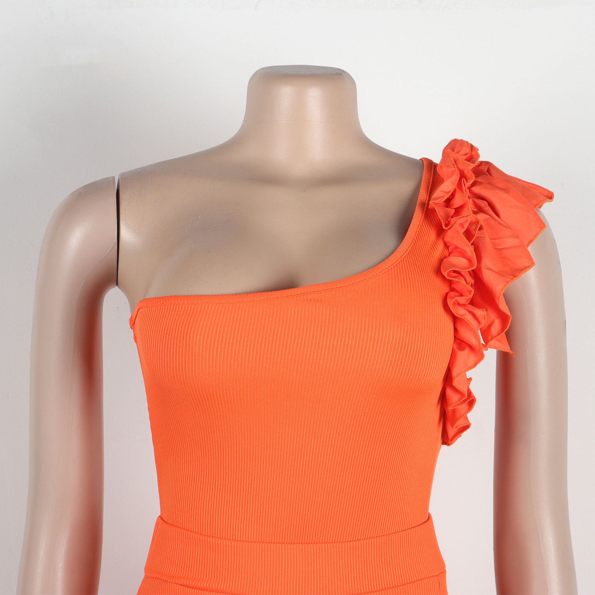 362g Weight Sleeveless Sleeve Length Polyester Fabric Type Skirt Co-ord Set Sets Type 2 Pieces Set Quantity Holiday Occasion One Shoulder Neckline Slim Fit Type Solid Color Pattern Summer Season Women's Gender Frill Design Elegant Style Holiday Women's Elegant Solid Color Polyester Frill Skirt Co-ord Set Skirt Sets 62