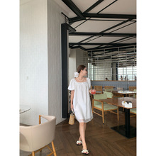 【十三行特价五折不退换】法式方领泡泡袖连衣裙女夏高级感中长裙