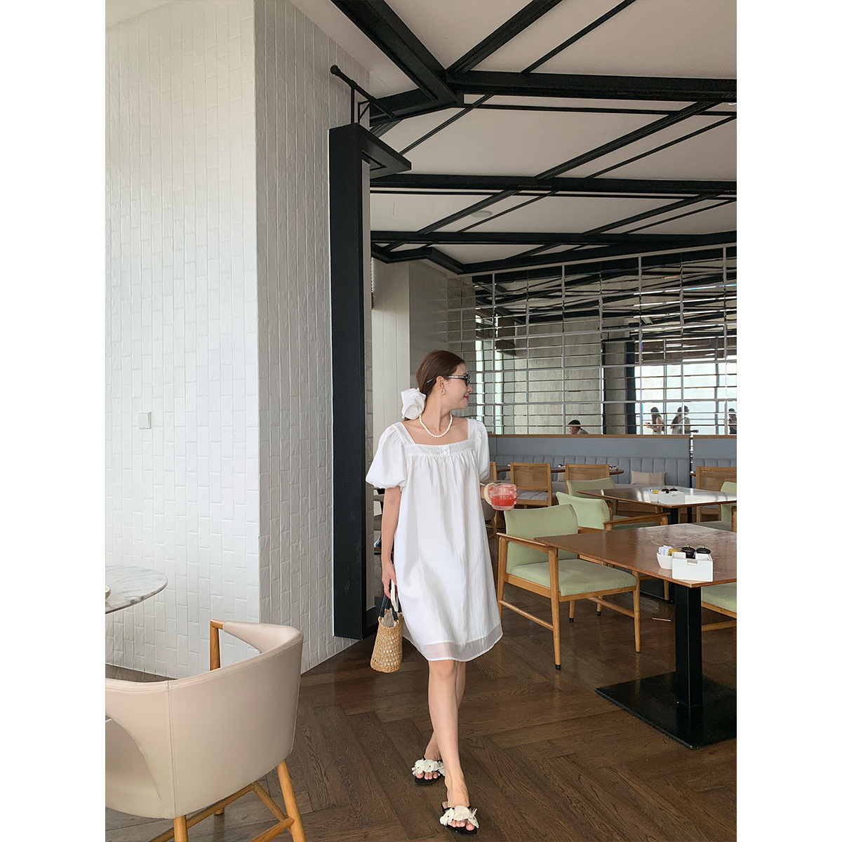 【十三行特价五折不退换】法式方领泡泡袖连衣裙女夏高级感中长裙