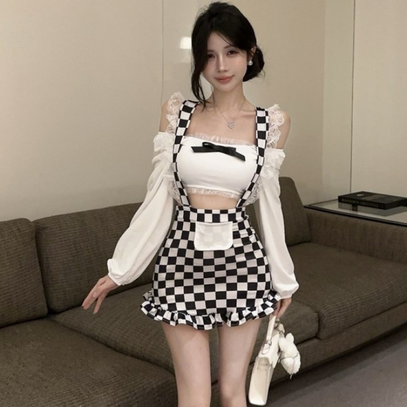 ファッショナブルな純粋な欲望中空メッシュフリルスプライシングショートスカート女性のホットガールチェック柄プリントサスペンダーフェイクツーピースヒップスカート|undefined