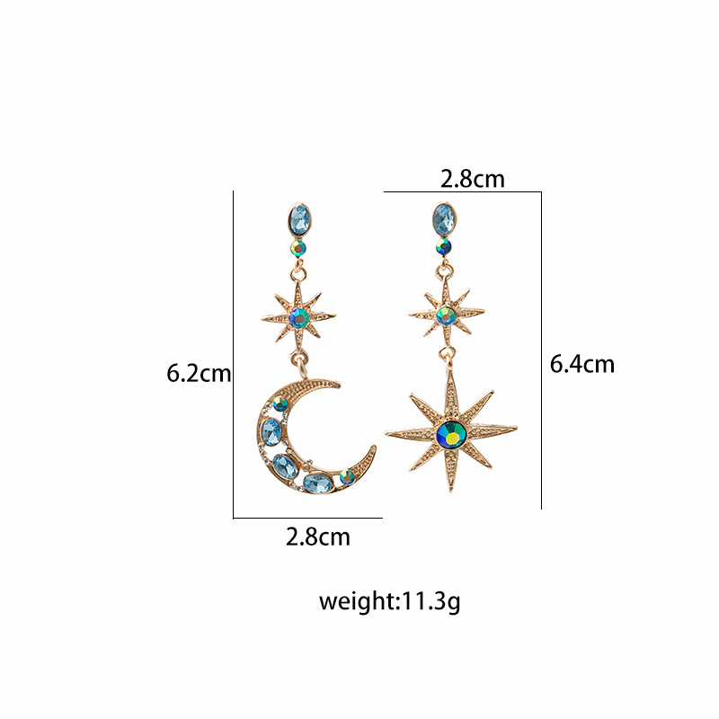 14g Weight 1 Pair Retro Star Moon Inlay Alloy Rhinestones Drop Earrings