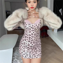 性感辣妹豹纹拼接蕾丝边紧身纽扣背心连衣裙女25夏季新款无袖短裙