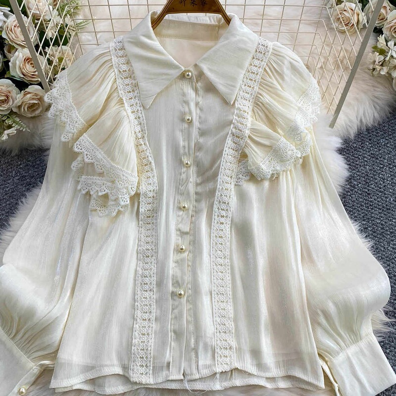 Cross-border ruffled luxury blouse for women, youthful style with pearl buttons, elegant pearl lace splicing, niche top Cross-border ruffled luxury blouse for women, youthful style with pearl buttons, elegant pearl lace splicing, niche top