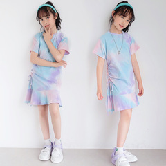 2024 cross-border summer skirt short-sleeved foreign trade tie-dye drawstring dress girl baby skirt western style T-shirt