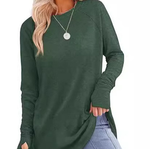 Factory Direct Supply Cross-border 2024 European and American Women's Round Neck Solid Color Finger Long Sleeve Top Loose Medium and Long Base Shirt