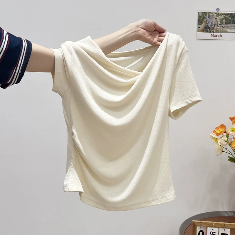 Корейский стиль, милая девушка с открытыми плечами и распашным воротником, нежная футболка с короткими рукавами и дофамином для женщин, летняя футболка с рюшами для похудения, однотонный модный топ