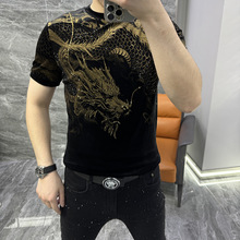欧货男士秋季新款金丝绒厚短袖时尚百搭潮流轻奢休闲圆领烫金T恤