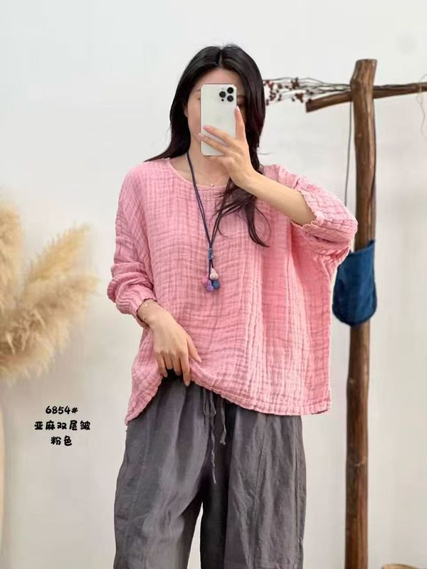 高端肌理亚麻女装宽松百搭T恤女秋季新款文艺范复古风慵懒衬衫女|undefined