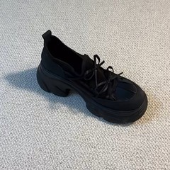 软皮版~轻便厚底增高圆头粗跟乐福鞋女甜酷风一脚蹬休闲运动单鞋