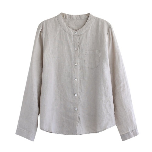 Art Deco Retro Cotton Linen Stand Collar Long Sleeve Women's Spring Summer Thin Loose Slimming Solid Color Casual Linen Top