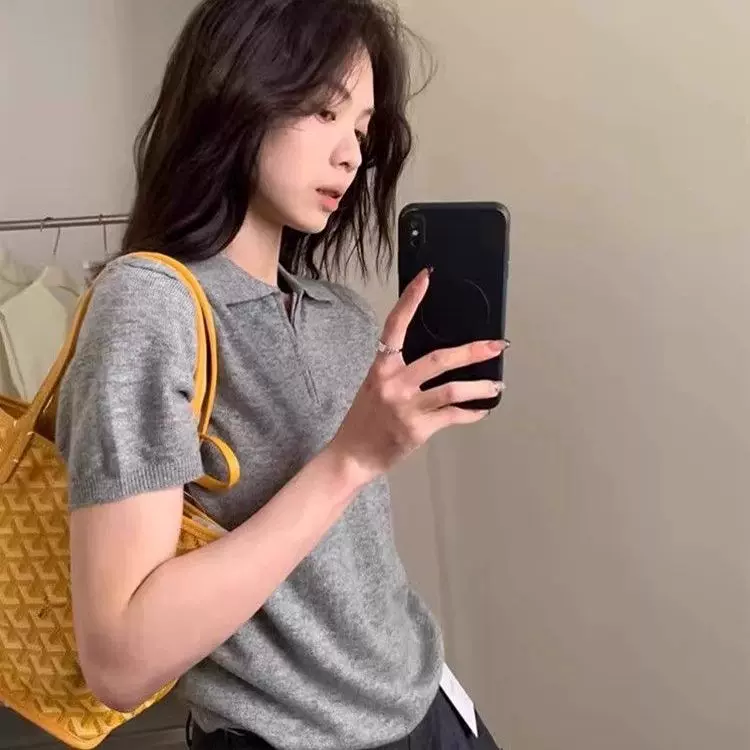 半拉链翻领针织短袖t恤女2025新款春装韩系穿搭洋气薄款打底上衣