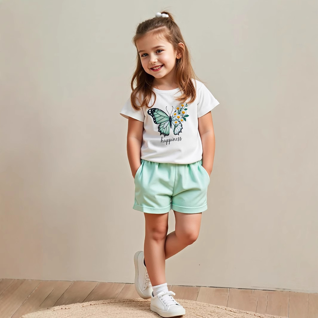 Girls' Summer Butterfly Print Short-Sleeved T-Shirt + Solid Color Shorts Two-Piece Set, Fresh and Stylish Export Children's Clothing