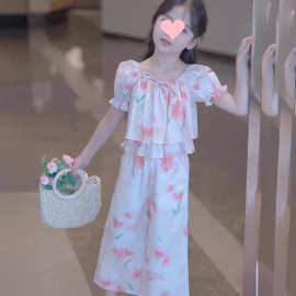 女童花朵短袖长裤休闲套装2026夏季新款中大童洋气时髦儿童夏装潮
