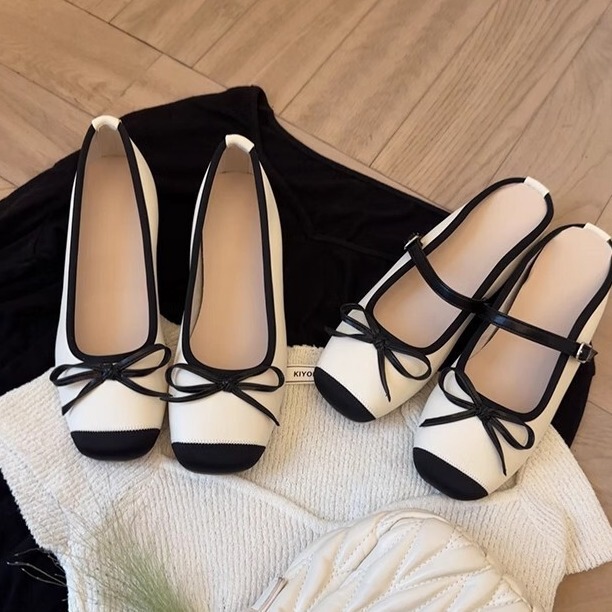 Grape Mom Same French Style Single-layer Shoes Inner Height-increasing Baotou Slippers Women's Bow One-character Color-matching Shallow Mouth Ballet Shoes