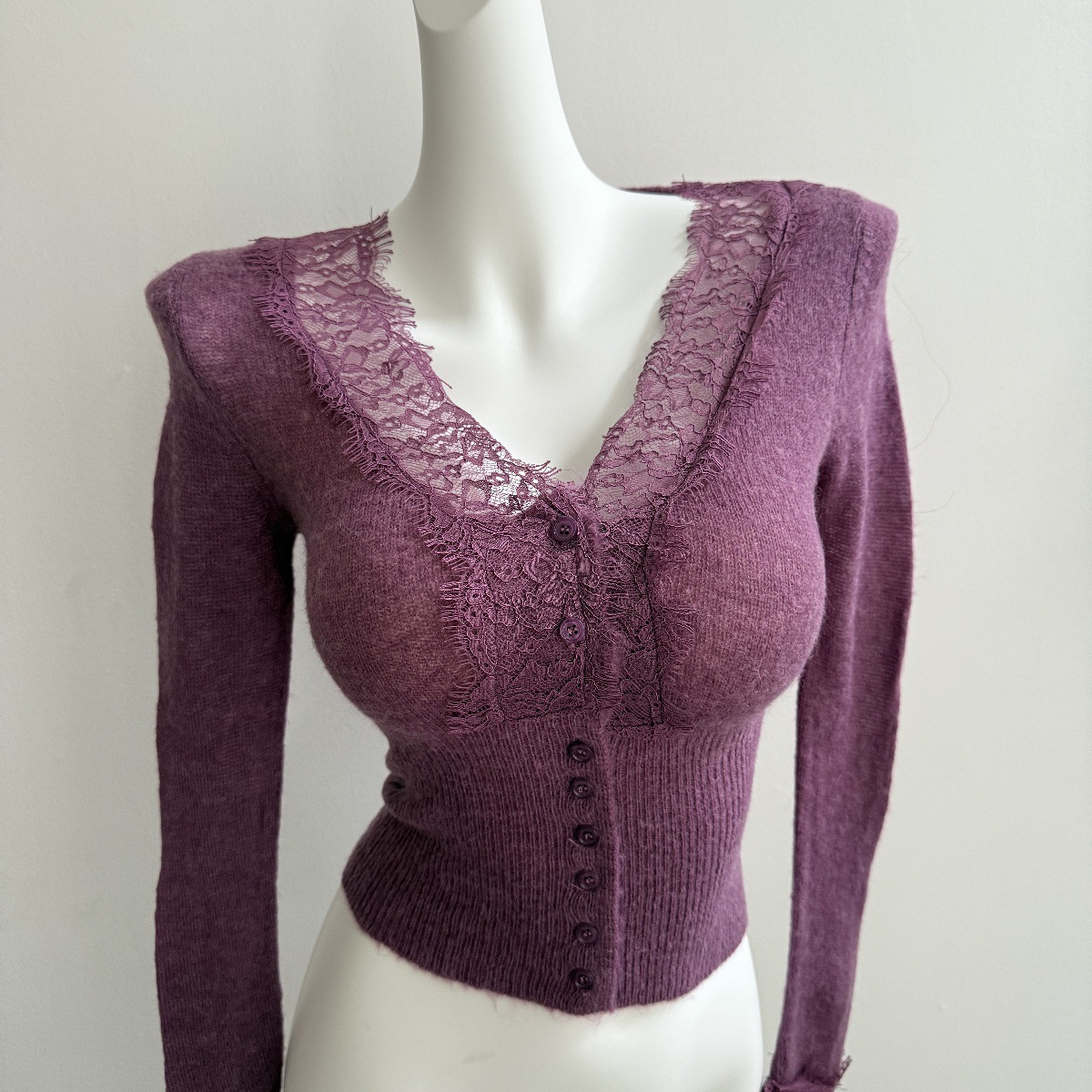 So Pretty and Easy to Match! French Lace Mohair Deep V Figure-Flattering Top Slimming Look Inner Layering Sweater for Women