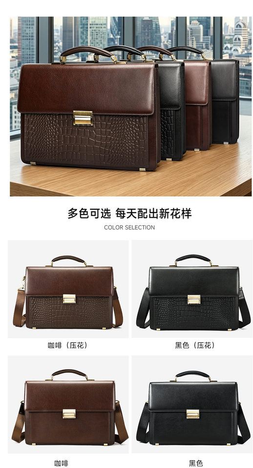 Cặp công sở nam da bò thật khóa mật mã chống trộm, túi đeo chéo xách tay đựng laptop 14 inch — Họa tiết dập nổi màu nâu cà phê, Màu cà phê, màu đen, Đen dập nổi chi tiết 10
