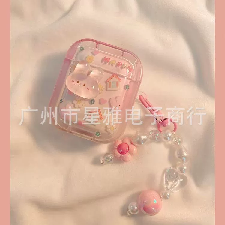 Защитный чехол INS для AirPods (1/2/3/Pro/Pro2/4) — фуксия с 3D-зайчиком и сердечком