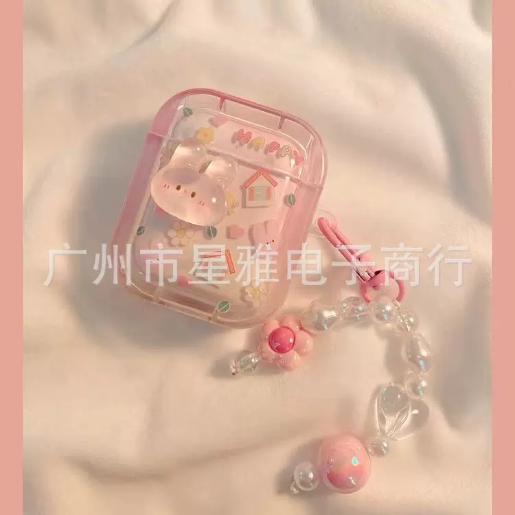 Защитный чехол INS для AirPods (1/2/3/Pro/Pro2/4) — фуксия с 3D-зайчиком и сердечком