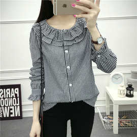 实拍新款大码mm韩版女装木耳边圆领格子泡泡长袖衬衣修身上衣